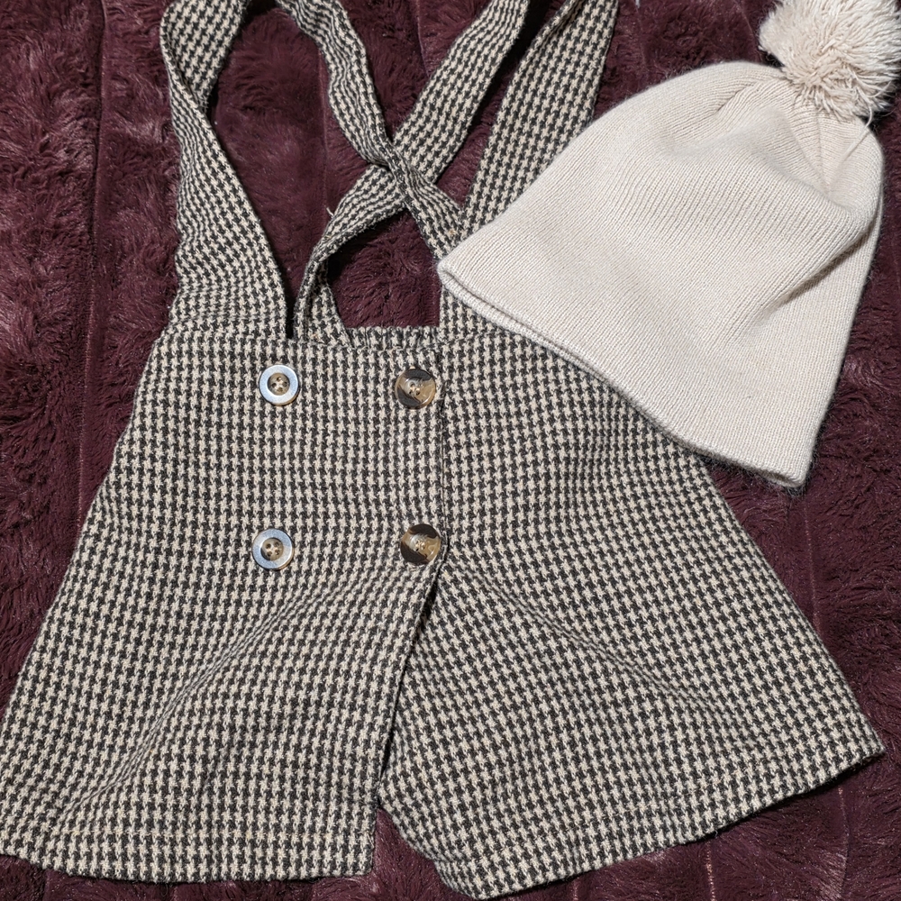 Houndstooth Suspender Skirt and Cream Knit Beanie